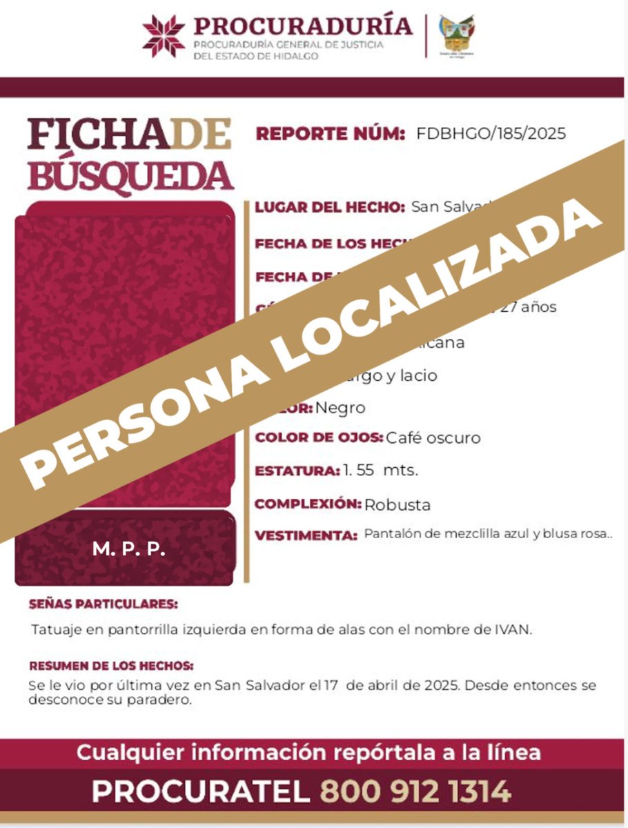 ¡Agradecemos tu colaboración! Se desactiva la #FichaDeBúsqueda de M. P. P, persona localizada. #CadaSegundoCuenta #TuAyudaCuenta #ActuemosRápido