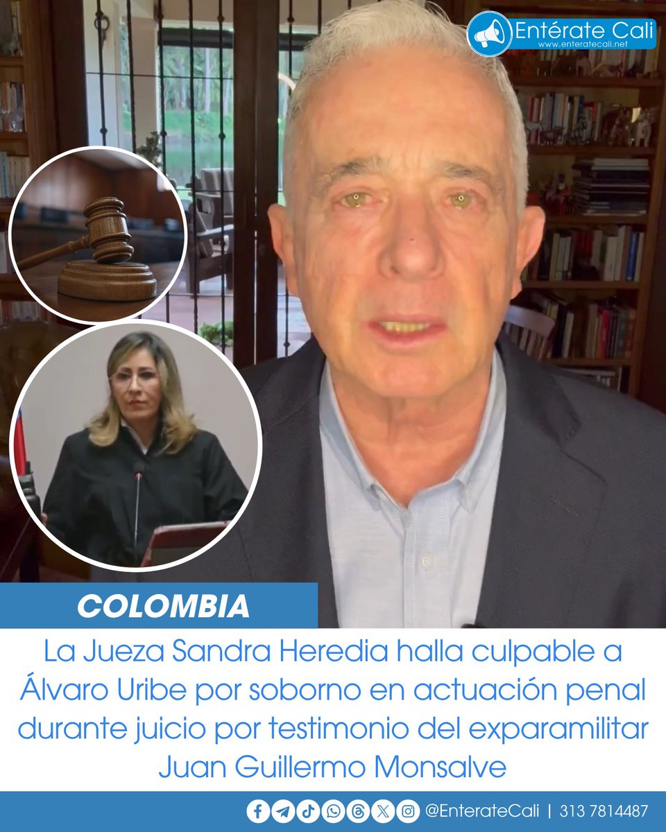 EnterateCali's tweet image. La jueza Sandra Heredia encontró acreditado el delito de soborno en actuación penal en el proceso contra Álvaro Uribe por el caso Monsalve.
Un fallo que genera amplio impacto en la esfera judicial y política del país. 🔍📌📰
Continúa la audiencia y seguimos atentos de la…