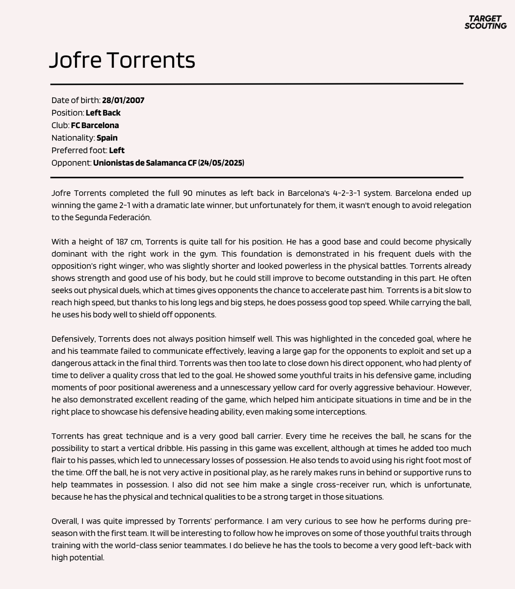 TargetScouting_'s tweet photo. In this match report, @Danroymiguel analysed Jofre Torrents (LB, '07, 🇪🇸) against Unionistas de Salamanca in a 2-1 win. https://t.co/PNUK6FUQmH