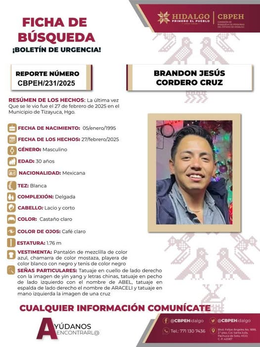 Solicitamos de tu apoyo en difusión para dar pronta localización a Brandon Jesús Cordero Cruz, comunícate a los teléfonos de COBUPEM 800 216 0361, 800 509 0927. #TodosEnLaBúsqueda