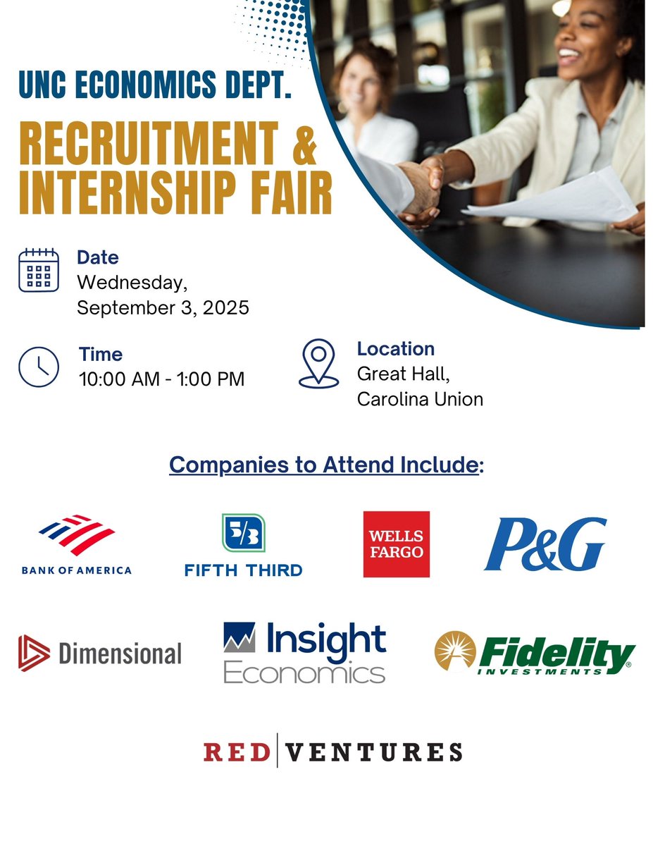 UNC_econ's tweet image. Join @UNC_econ at our Recruitment and Internship Fair to learn about job opportunities and network with employers.
#Economics #Networking #UNC
