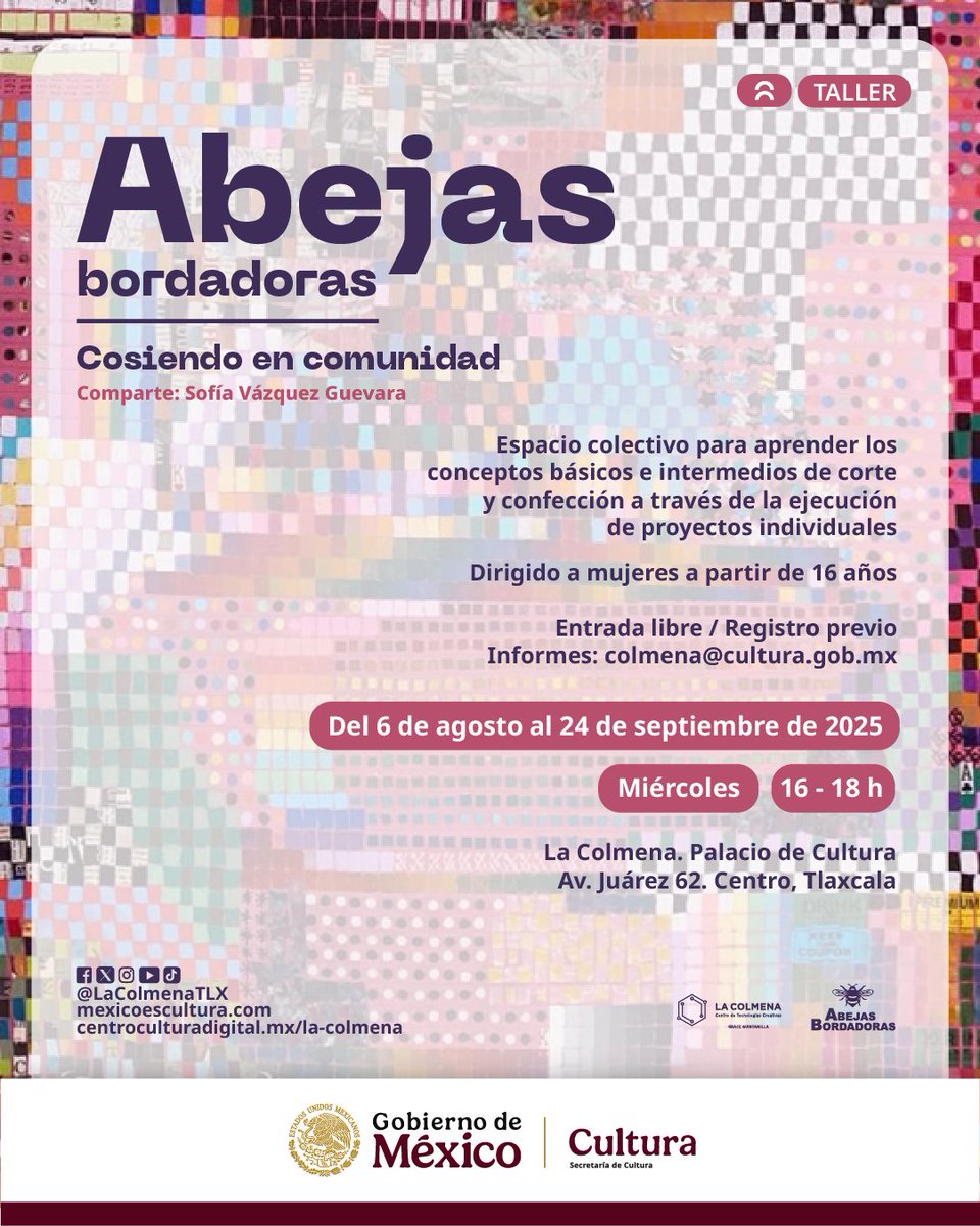 Llega nuevo taller de las “Abejas bordadoras: Cosiendo en comunidad”.

Este taller busca explorar el potencial creativo de la costura como herramienta para expresar lo que somos y lo que soñamos.

Dirigido a mujeres mayores de 16 años / Entrada libre

centroculturadigital.mx/actividad/abej…