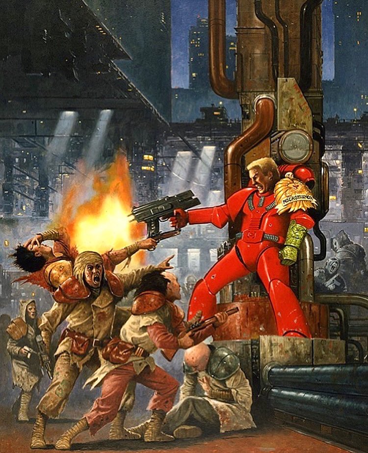 Blood angels on patrol! remember when space marines used to take on random thugs?  I think this piece (by Les Edwards) is from Confrontation. The precursor to Mecromunda.
.
#oldhammer #art #warhammercommunity #warhammer #warhammer40k #40k