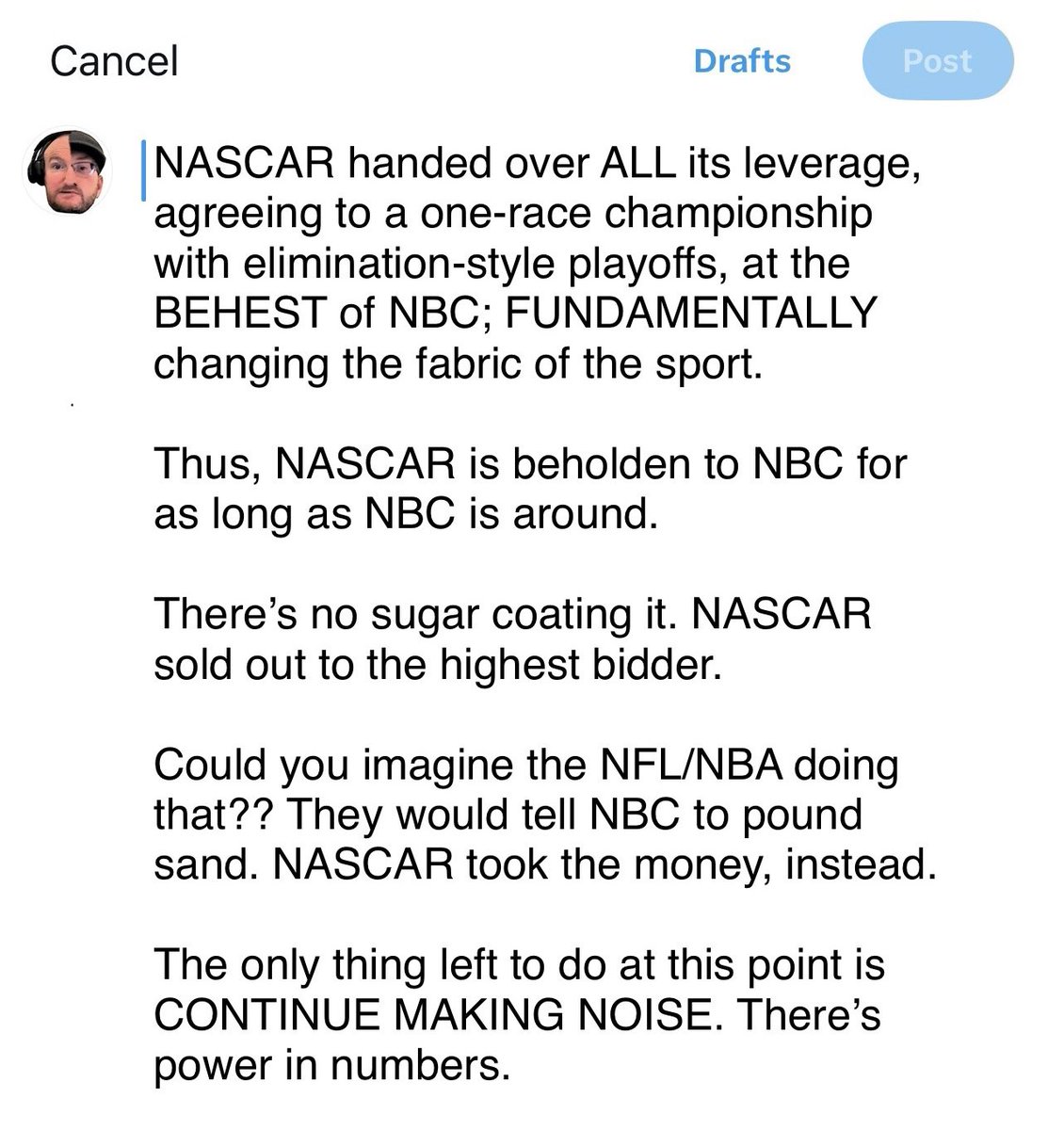 Jeff_Bluck's tweet image. So @jeff_gluck shared info on playoff committee.
Very disheartening, as it demonstrates @NASCAR sold out to @NBCSports re: playoffs.
Yes, NBC is paying $8bil so maybe it deserves a say; but FUNDAMENTALLY CHANGING the sport??
Makes me appreciate @markmartin’s fight EVEN MORE.🙏