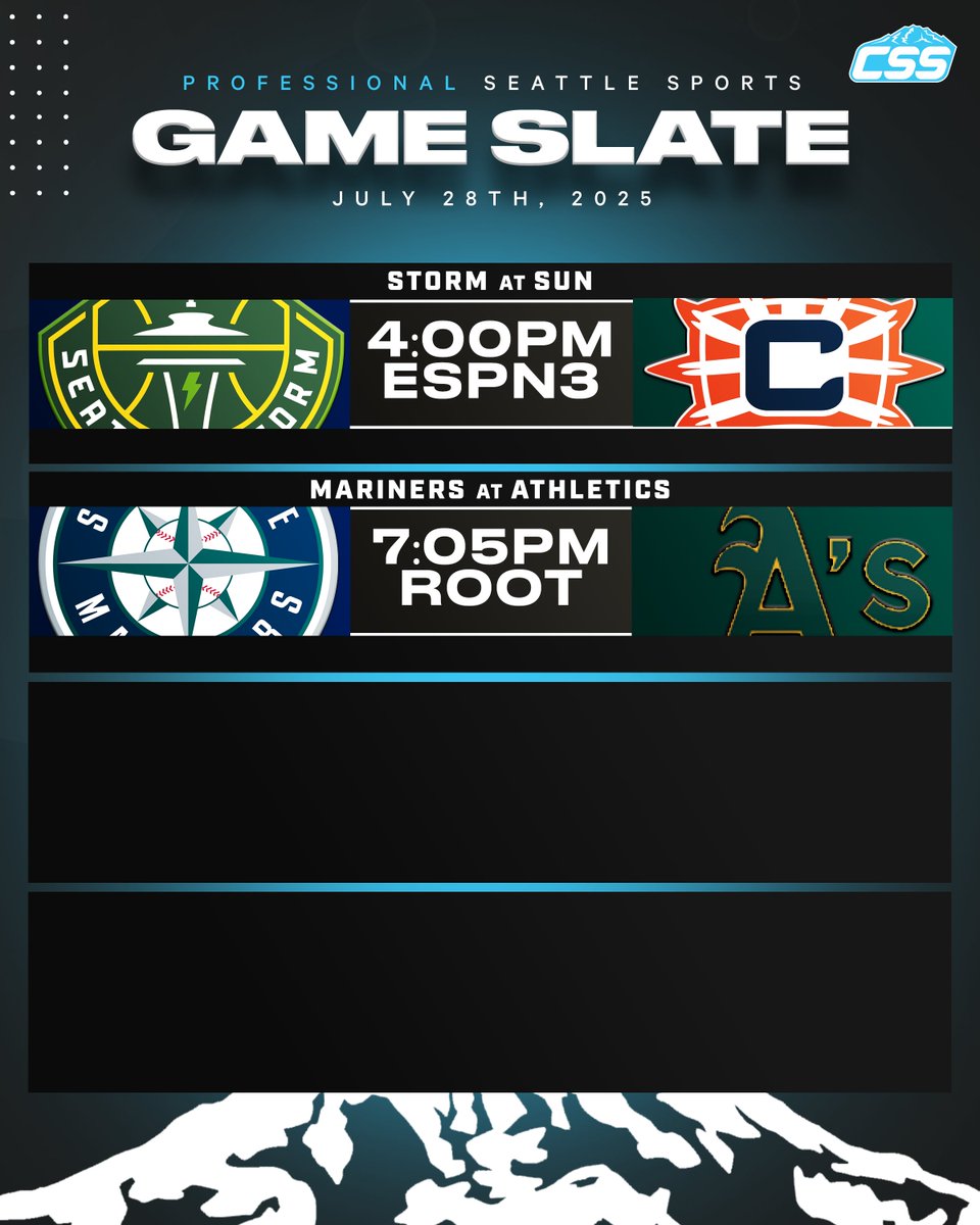 CirclingSports's tweet image. Two of Seattle's professional sports teams are in action on Monday, July 28th, 2025⬇️
@SeattleStorm finish up their three-game road trip.
@Mariners begin a three-game road series against the A's.
#SeattleSports #NothingButStorm #TridentsUp