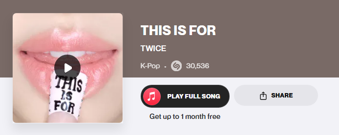 'THIS IS FOR' just hit 30,000 Shazams! 🔥

Let’s aim for 50,000 next! Lollapalooza is coming and now’s the time to boost it even more!

#THISISFOR #TWICE #트와이스 <a href="/JYPETWICE/">TWICE</a>