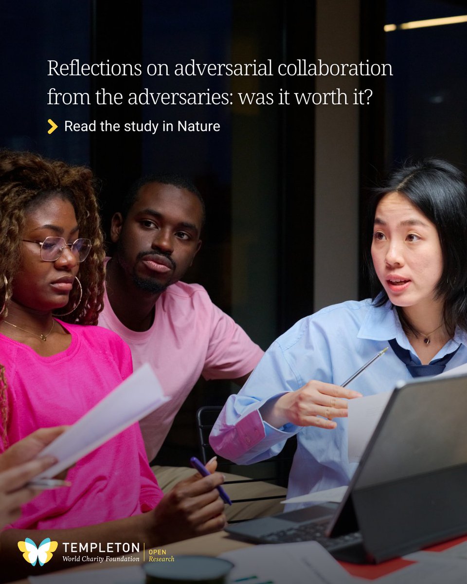 TempletonWorld's tweet photo. TWCF grantee @ImHardcory @Penn surveyed scholars who had engaged in #AdversarialCollaborations - while more challenging, ACs often save time during peer review, result in higher-quality research, and most would try ACs again.

🔗 What they learned: https://t.co/e2SFSH1W7l https://t.co/0Xza9mJvTR