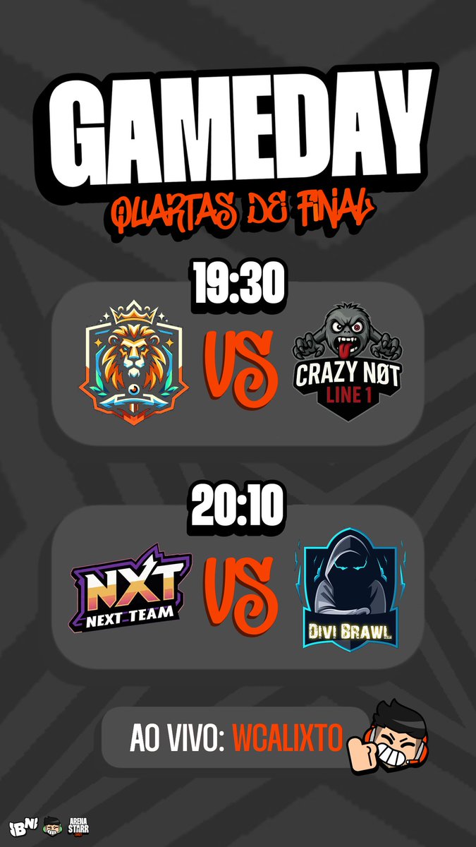 arena_starr1's tweet photo. | QUARTAS DE FINAL: DIA 2!

  Último dia de Quartas de Final!       Vamos fechar as quartas com:

Reis Da PL VS Crazy Not Line 1 NextStage VS Divi Brawl💥

🔴AO VIVO: https://t.co/8Im780qsgq https://t.co/cekoX9NA0Q