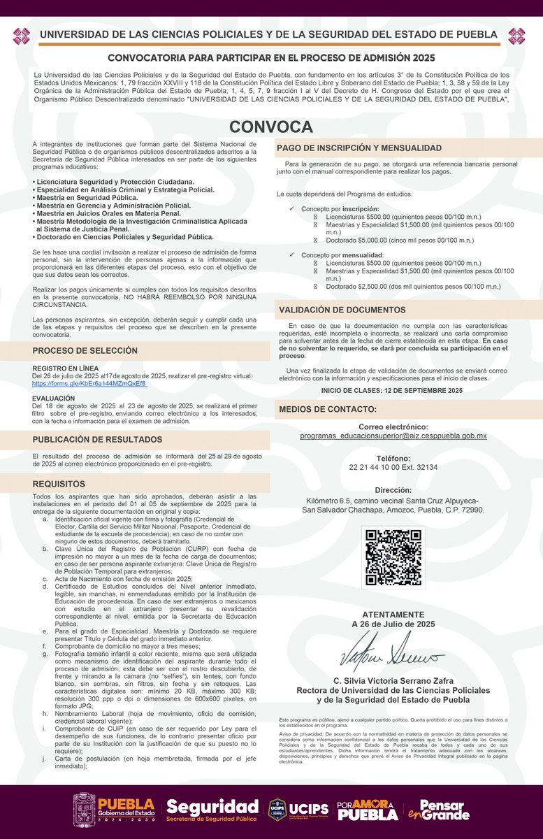 UCIPSPue's tweet photo. "Tu vocación es servir, nuestra misión es formarte."

Lanzamos nuestra Convocatoria de Admisión 2025.
Dirigida a integrantes del Sistema Nacional de Seguridad Pública.

🔹 Licenciaturas, Especialidades, Maestrías y Doctorado
🔹 Pre-registro: 26 de julio al 17 de agosto. https://t.co/oMiohwLgBu
