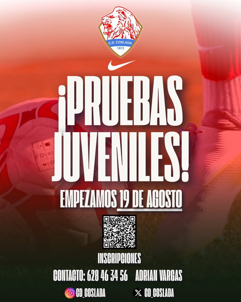 🔴🔵 ¡Vente a probar al C.D. Coslada!

¿Eres juvenil y quieres dar el siguiente paso en tu carrera futbolística?
🦁 El equipo Juvenil del C.D. Coslada abre sus puertas para nuevas incorporaciones.

⚽️ Pruebas abiertas para el Juvenil
📍 Estadio Municipal El Olivo
📆 Martes 19