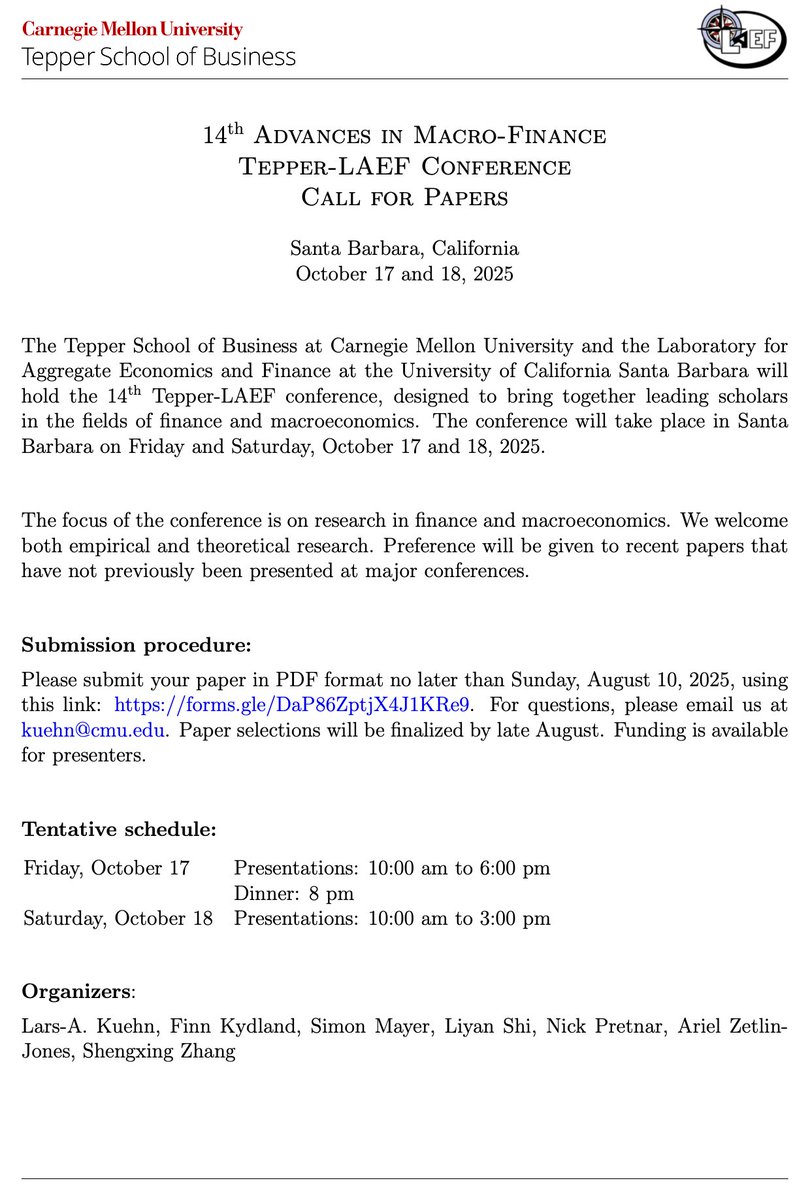We are hosting the 14th Advances in Macro-Finance Conference in Santa Barbara on Oct 17 and 18. Please submit your paper at forms.gle/DaP86ZptjX4J1K…