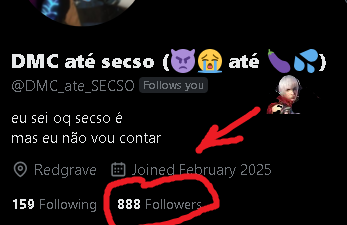 DMC_ate_SECSO's tweet image. JACKPOT!!!!!!!!
nós conseguimos 888 seguidores