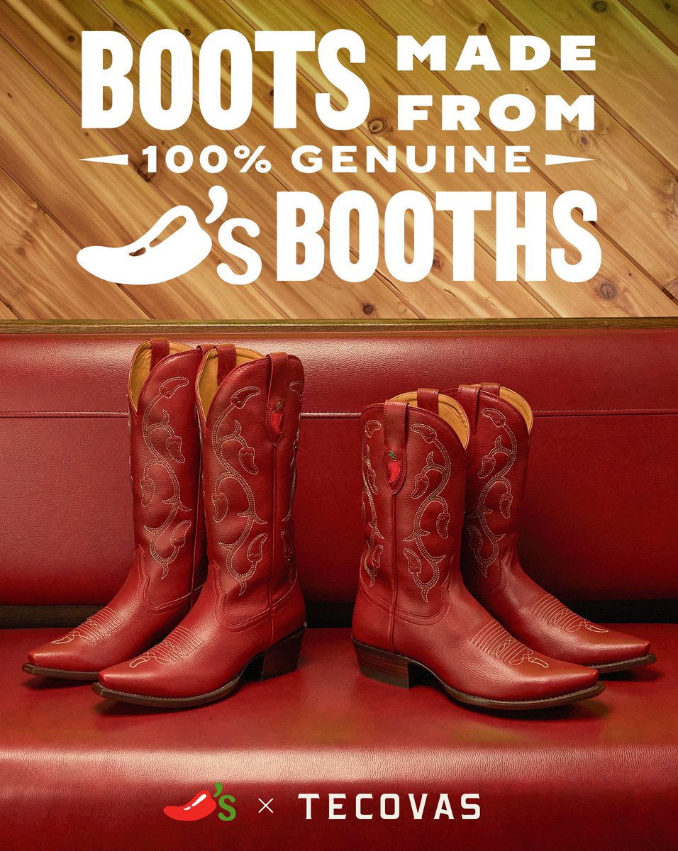 Chilis's tweet photo. Tecovas boots made from 100% genuine Chili’s booths… you're welcome. https://t.co/lmslAIgFXP