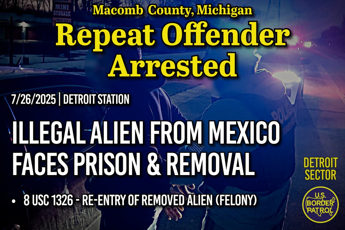 USBPChiefDTM's tweet image. On Saturday, Detroit Station agents, in partnership with law enforcement, arrested two illegal aliens from Mexico. One of the subjects has been previously removed from the U.S. and now faces a felony re-entry charge. 

#DetroitSector #BorderSecurity #BorderProtection
