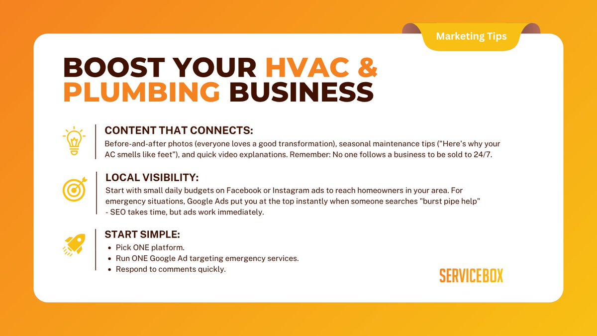 Help before you sell. That's what builds trust and keeps phones ringing. 

Your expertise is content - use it to stay top-of-mind year-round.
Share seasonal maintenance tips, document your best work, and ask for reviews right after great service. 

#BusinessGrowth #hvac #plumbing