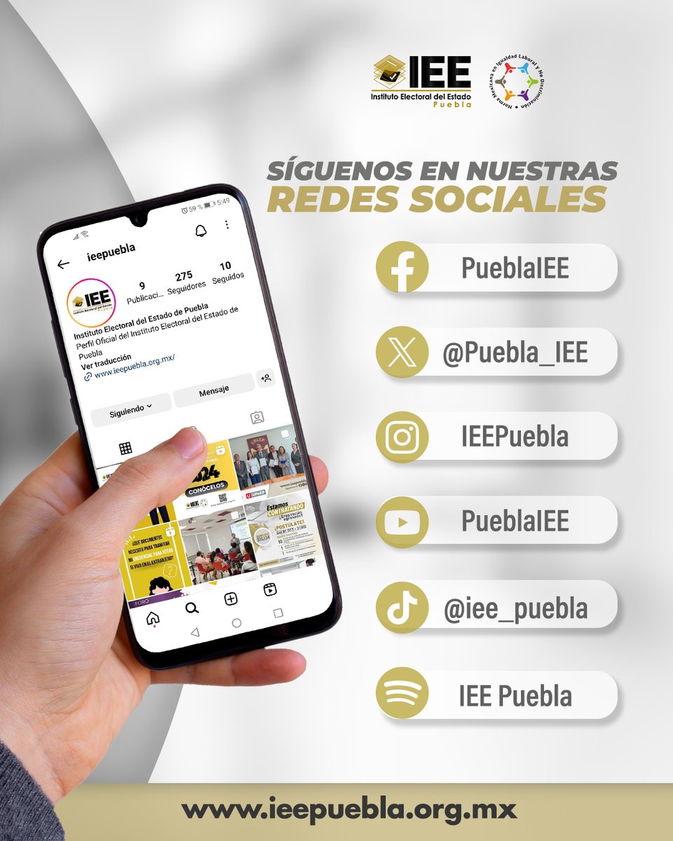 ¡Síguenos en nuestras redes sociales y no te pierdas ninguna novedad!
🔍 Encuéntranos como:
▪️ FB: PueblaIEE
▪️ IG: Iee Puebla
▪️ YT: PueblaIEE
▪️ TikTok: @iee_puebla
▪️ Spotify: IEE Puebla
#IEEPuebla