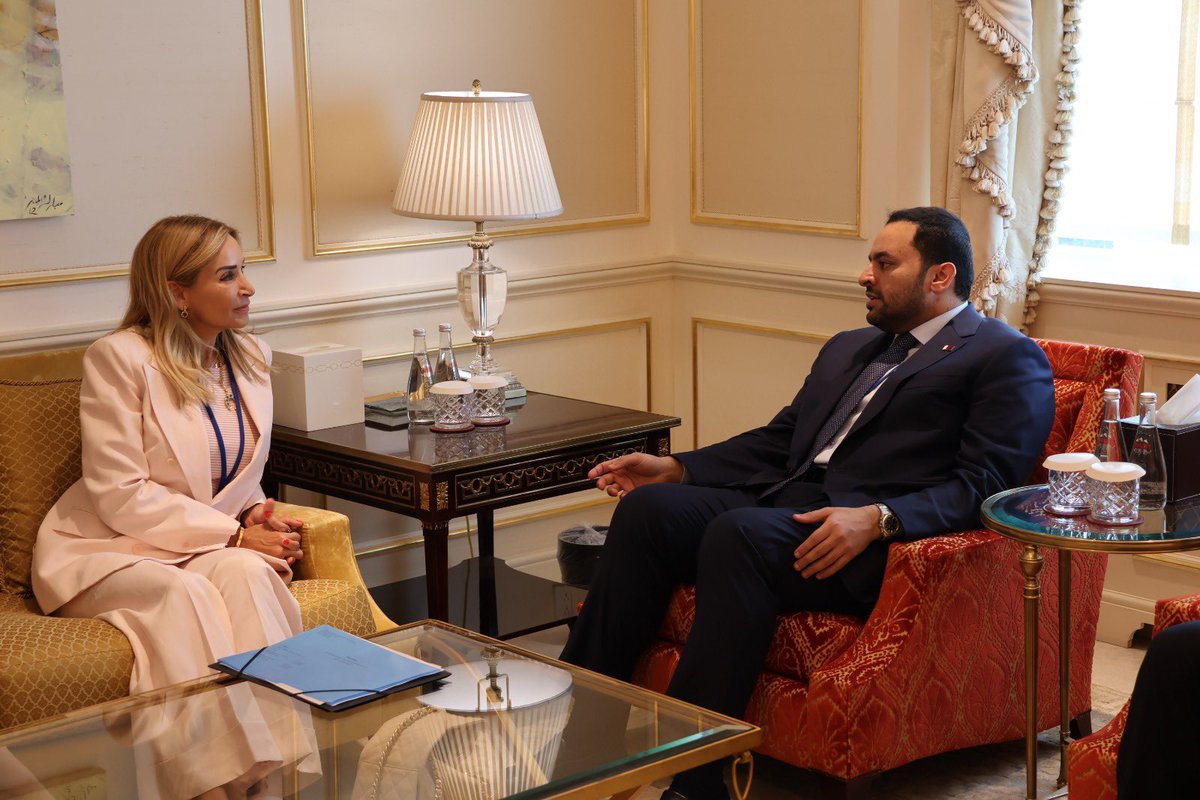 At the UN Conference, I exchanged with 🇶🇦 Min. of State H.E. Mohammed bin Abdulaziz Al-Khulaifi on #Qatar’s mediation efforts for a ceasefire in #Gaza, the urgent need of such an agreement &amp; the necessity of a long term resolution of the conflict based on the 2-State solution.