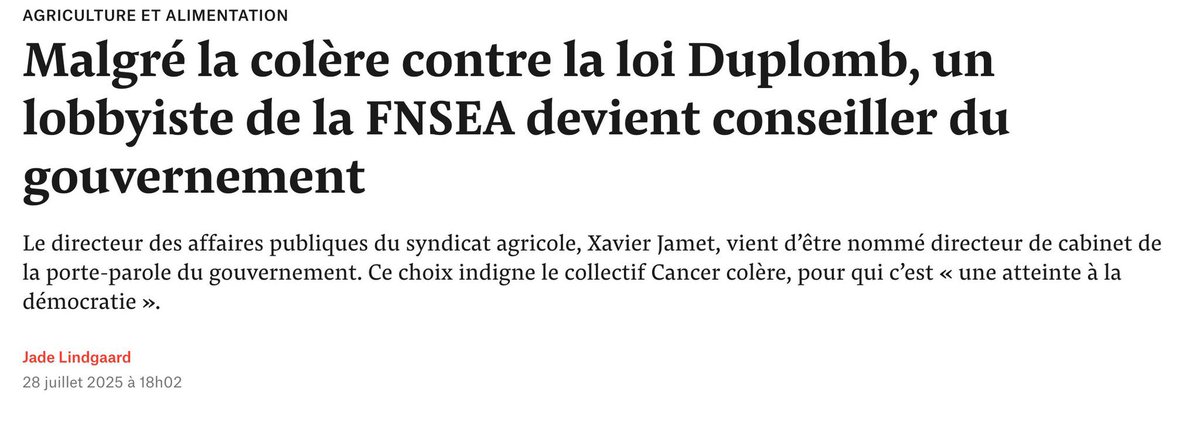Si le gouvernement est à la recherche de conseils avisés, il ferait mieux de tendre l’oreille aux 2 millions de citoyen•nes qui ont signé la pétition contre la #LoiDuplomb.

Ce gouvernement n’est pas seulement celui des riches, il est aussi celui des lobbies. Honte à lui !