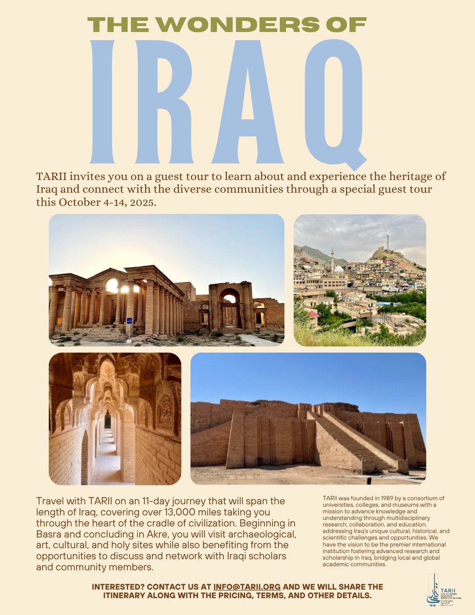 TARII invites you to learn and experience the heritage of Iraq and connect with the diverse communities through a special guest tour this October 4-14! 
Interested? Contact us at Info@tarii.org and we will share the itinerary,  pricing, terms, and other details.