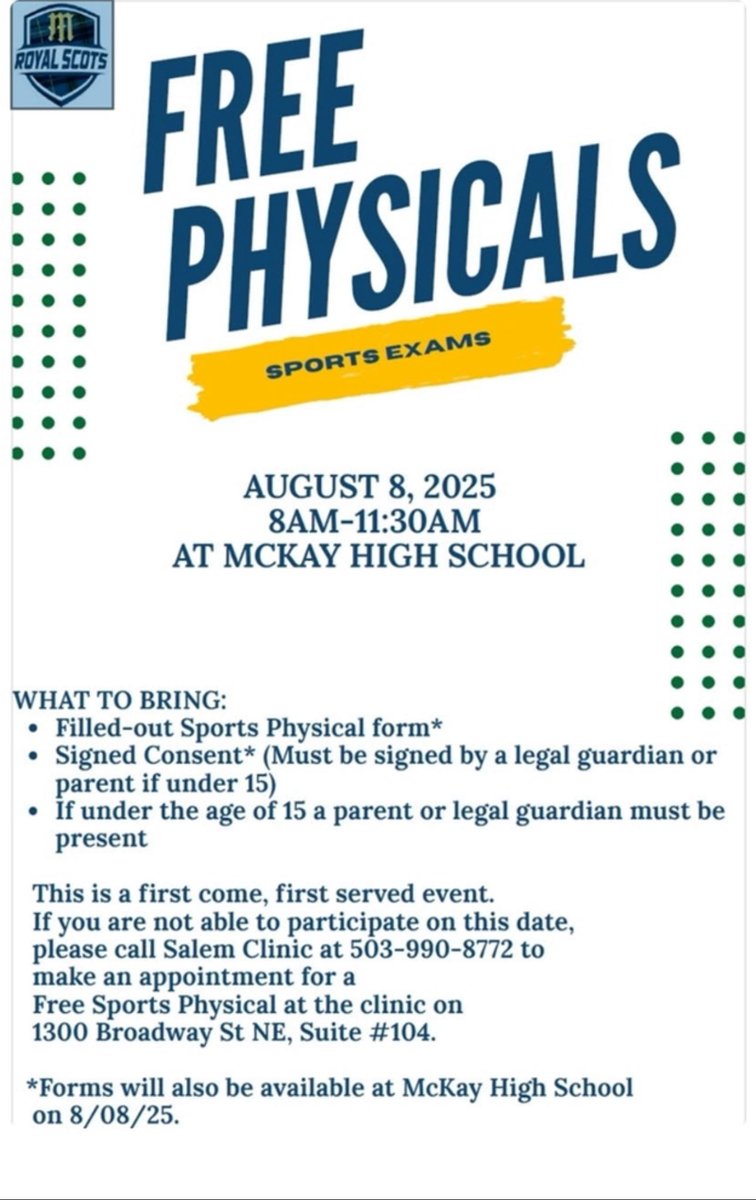 If you need an updated physical take advantage of these free opportunities.