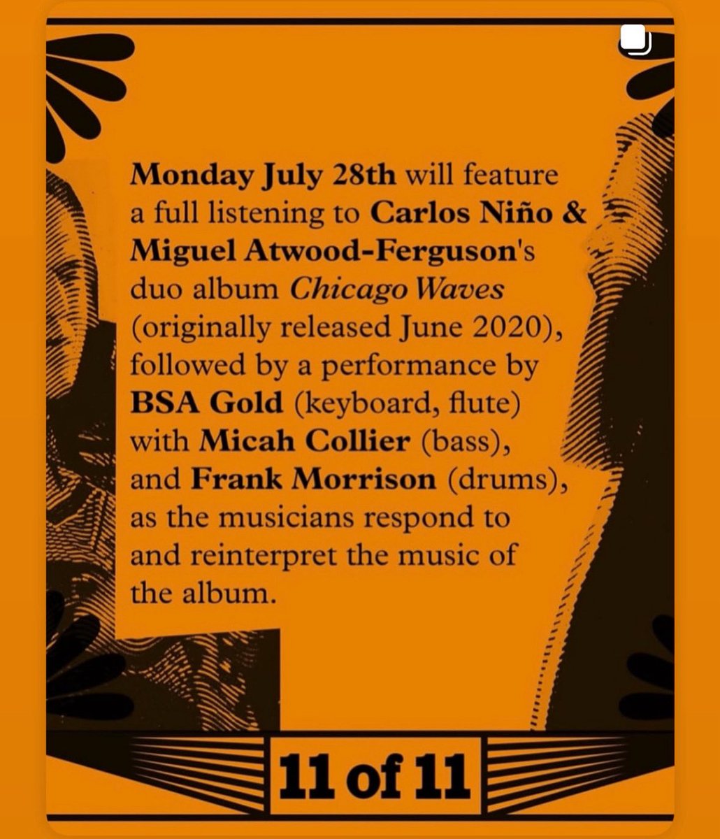 HungryBrainChi's tweet image. Monday! International Anthem Presents: 11 of 11. This month features a listening to Carlos Niño & Miguel Atwood-Ferguson’s duo album Chicago Waves, followed by a performance by BSA Gold with Micah Collier, and Frank Morrison. Doors: 7, Show: 8:30pm