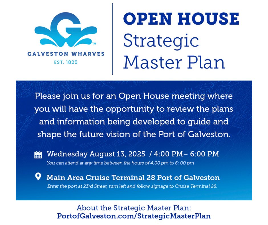 Galveston Wharves is updating its 2019 Strategic Master Plan. The public is invited to an open house 4-6 PM Wednesday, Aug. 13, at Cruise Terminal 28 to review plans and provide input. See consultant presentation here. portofgalveston.com/wp-content/upl…