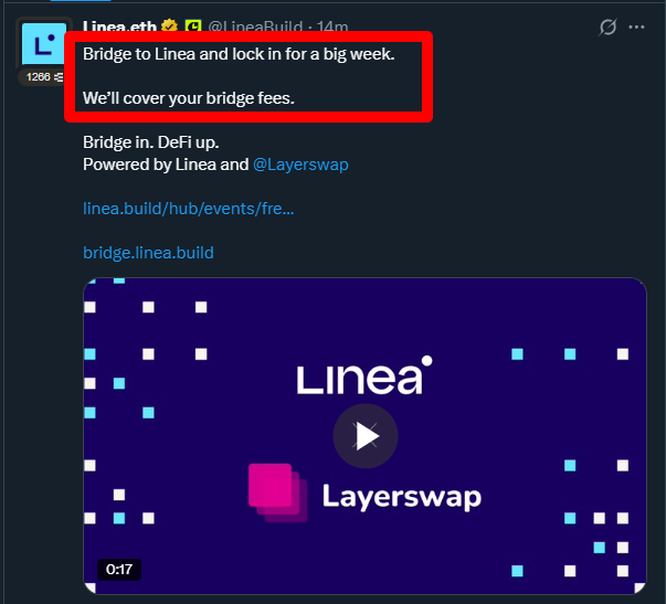 . <a href="/LineaBuild/">Linea.eth</a> Update 

Linea TGE yaklaşıyor. Yakın zamanda tokenomics ve TGE bekleniyor.

Bugün son postlarında $0 cost fee ile bridge yapmamızı istemişler.

- Bridge sayfası : linea.build/hub/bridge
- Cüzdan bağlayın ve köprü yapın.

Uygun zamanınızda yapmanızda fayda var.