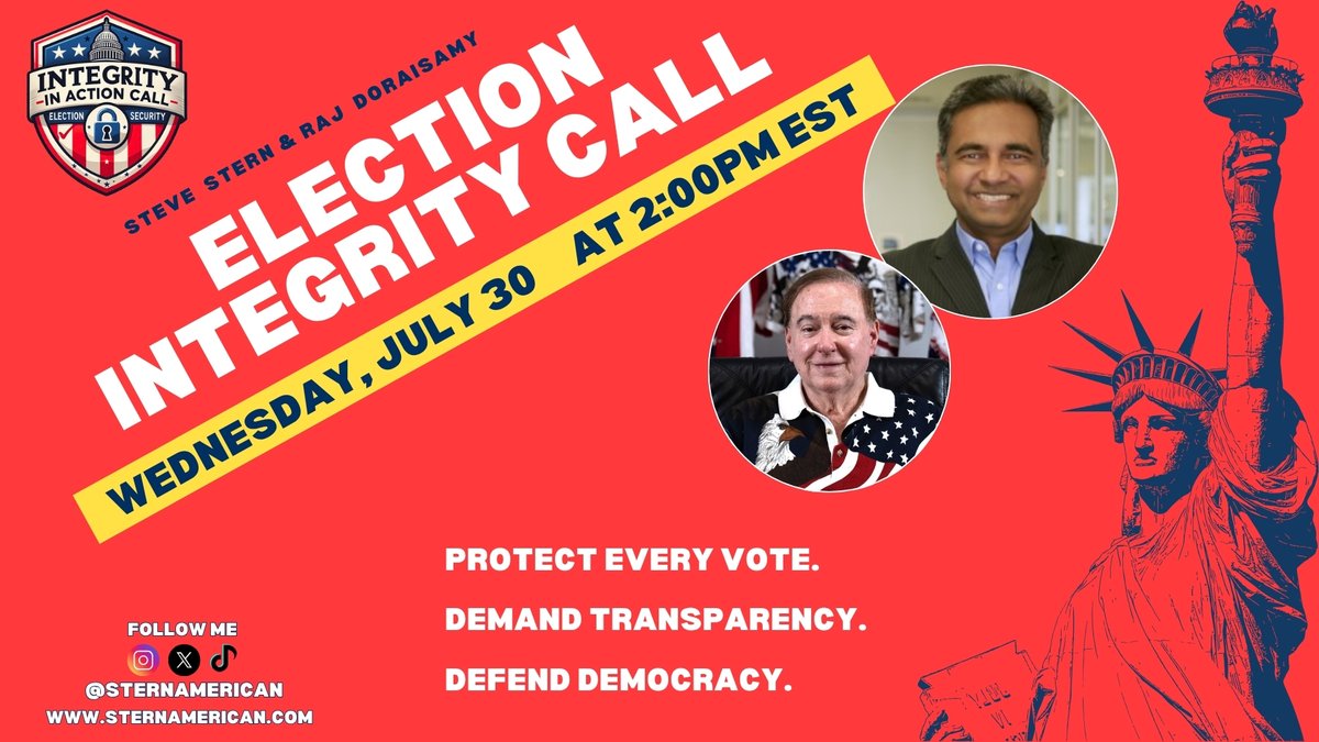 SternAmerican's tweet image. Register now for our Election Integrity Call on Wednesday, July 30 at 2:00 PM EST.
Don’t miss it!
This week’s call features an incredible lineup of speakers who are leading the fight to restore our Republic.
Help us spread the word by sharing this link with those who would be…