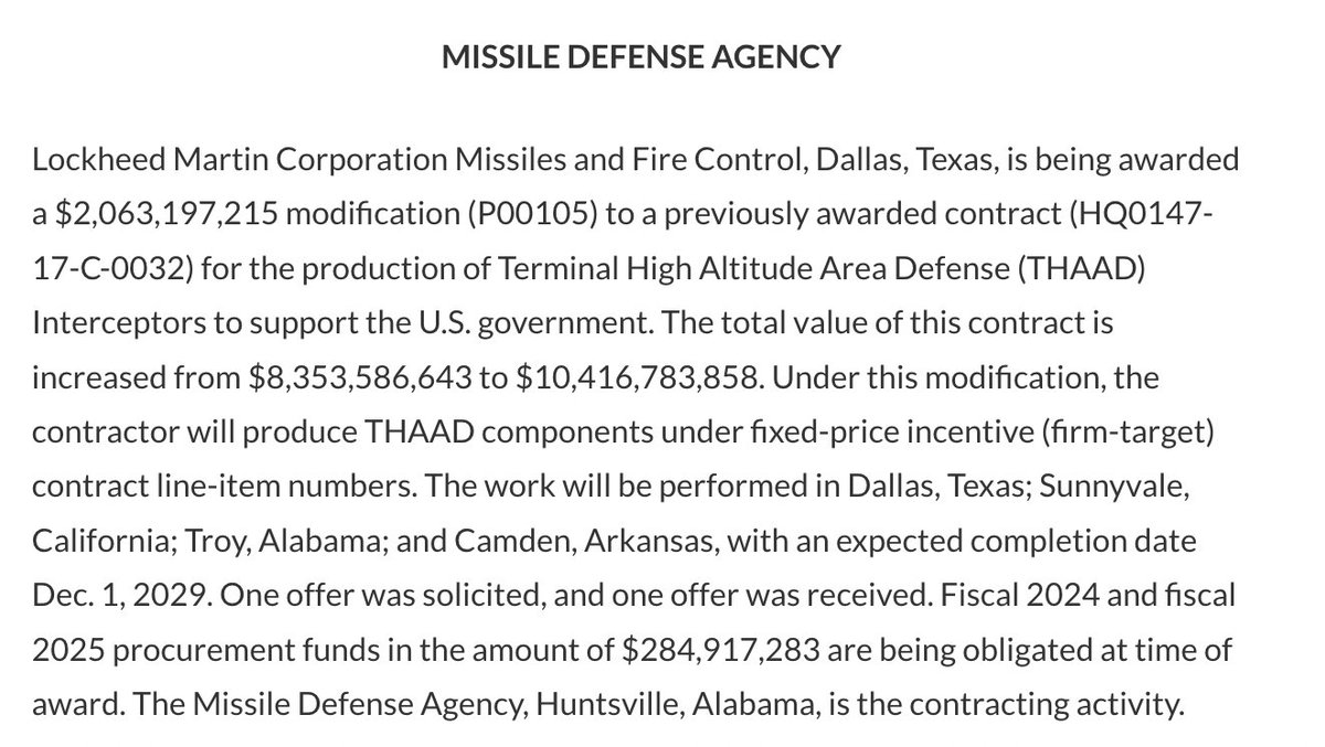 🚨 BREAKING: Lockheed Martin ottiene un contratto da 2,1 miliardi di dollari per intercettori THAAD dalla Missile Defense Agency degli Stati Uniti