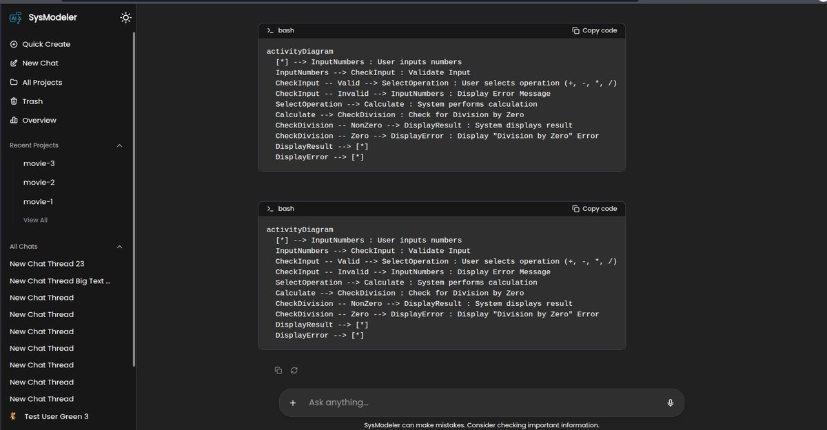 sysmodeler's tweet image. 🚀 Meet SysModeler.ai: The first agentic AI that creates + edits all 9 SysML diagrams from text, docs, code, voice, or images—just by chatting.
Now supports both light + dark mode.
Which one do you prefer?
#SysML #MBSE #AI #AgenticAI #SysModeler
