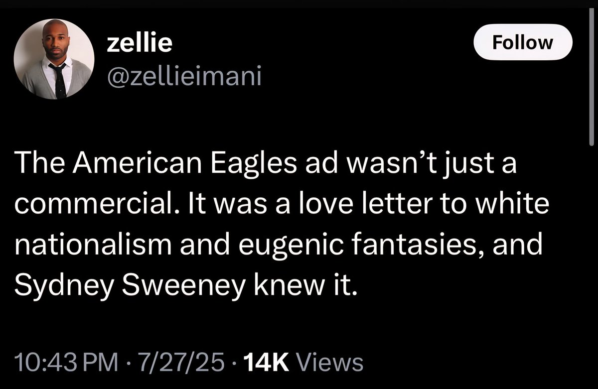 Denosko1's tweet image. Why are they so mad at Sydney Sweeney?
Are white people not allowed in commercials anymore?