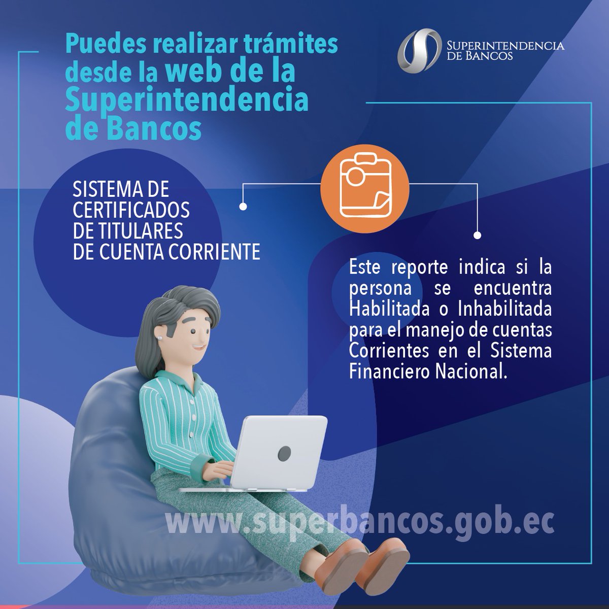 📲 ¿Sabías que puedes acceder al Sistema de Certificados de Titulares de Cuenta Corriente desde la web?

Ingresa a 👉 superbancos.gob.ec y realiza tu trámite en línea.

#TrámitesEnLínea #SuperBancosEC #ServiciosDigitales