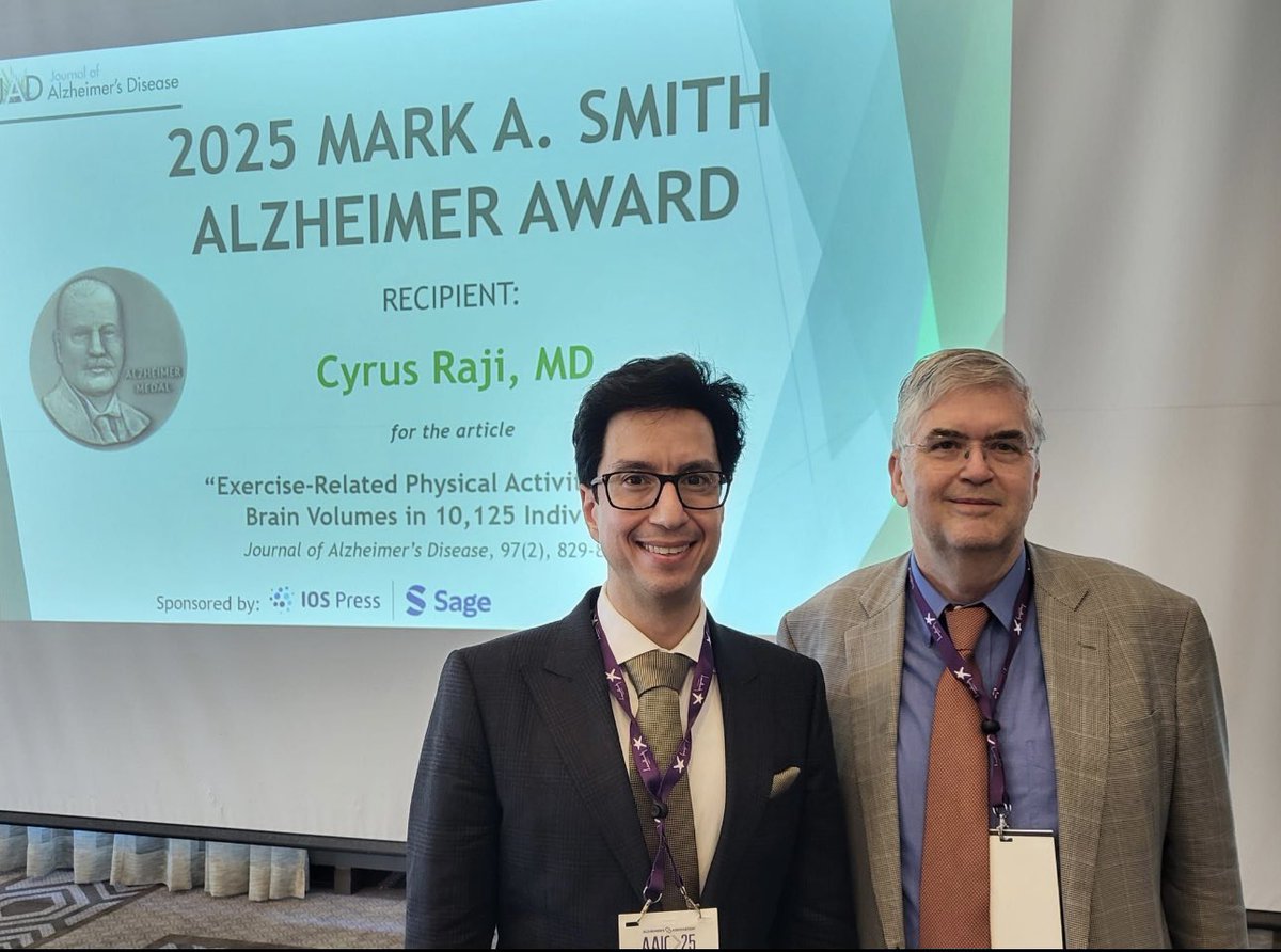 Honored to receive the 2025 Mark A. Smith Alzheimer Award from <a href="/journal_ad/">Journal of Alzheimer's Disease</a> for our study linking weekly physical activity to greater brain volume in 10,000+ individuals.

Grateful to my co-authors, Dr. George Perry &amp; the Editorial Board.
🧠🏃‍♂️📈

#AAIC25 #Alzheimers #Neuroimaging