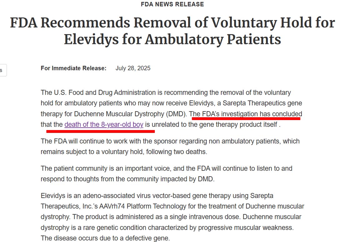 RNAiAnalyst's tweet image. $SRPT great win! #FDA (=Prasad) in self-preservation mode. Claims that removal of hold due to finding that death of Brazilian boy unrelated to Elevidys.
May I remind them (=Prasad) that they demanded hold because of LGMD death, not Brazilian case? 🤡