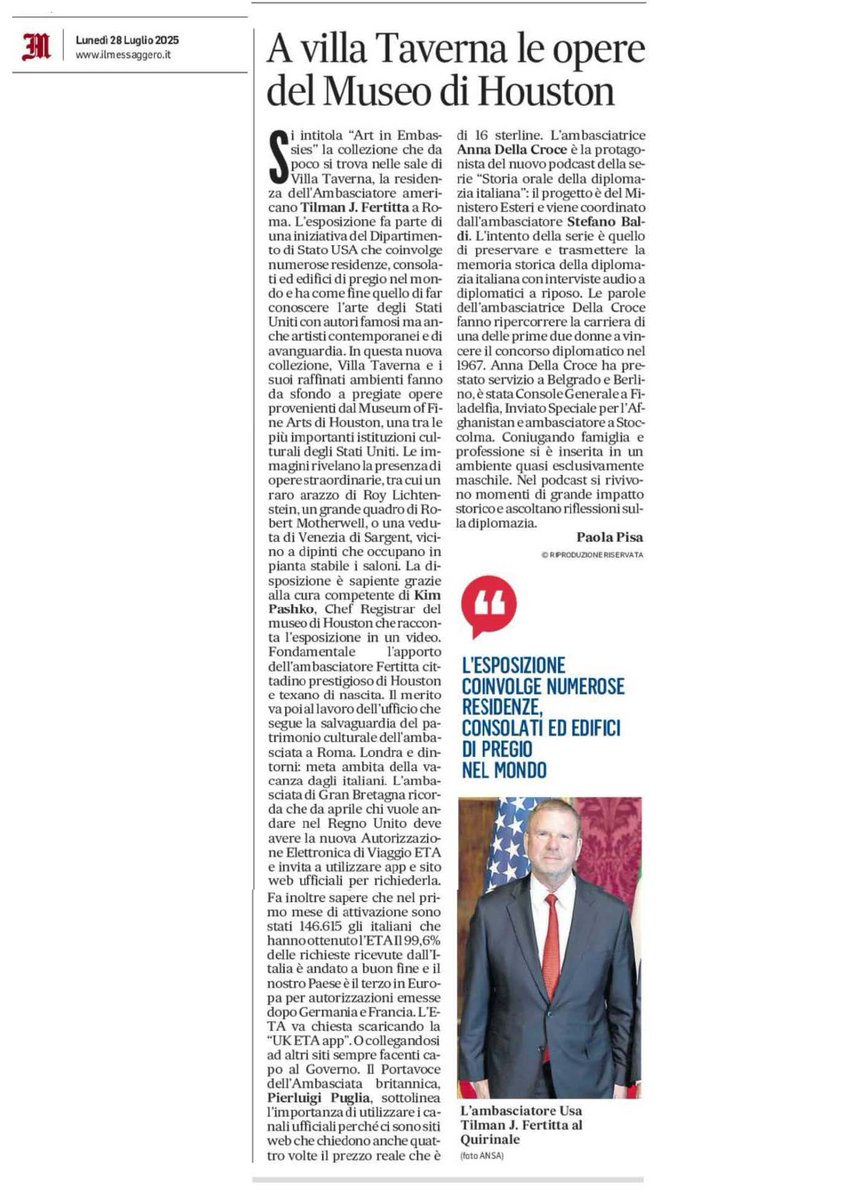 Art in Embassies (@artinembassies) on Twitter photo Vibrant new American art collection unveiled at Villa Taverna, Rome! 📷Fostering U.S.-Italy cultural ties.
Big thanks to <a href="/USAmbItaly/">Ambassador Tilman J. Fertitta</a> for hosting!
Discover more: Giornale Diplomatico- giornalediplomatico.it/usa-a-villa-ta… Vibrant new American art collection unveiled at Villa Taverna, Rome! 📷Fostering U.S.-Italy cultural ties.
Big thanks to <a href="/USAmbItaly/">Ambassador Tilman J. Fertitta</a> for hosting!
Discover more: Giornale Diplomatico- giornalediplomatico.it/usa-a-villa-ta…
