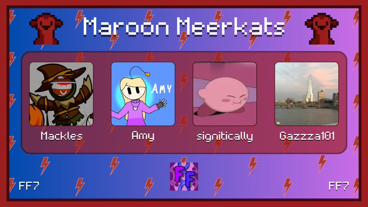 Fusion Frenzy (@fusionfrenz) on Twitter photo Announcing the Maroon Meerkats!
<a href="/MacklesGaming/">Mackles</a> <a href="/SmthlikeAmy/">SomethinglikeAmy</a> <a href="/Signiticaly/">signitically</a> <a href="/gazzza101/">Gazzza</a>
Will they be victorious in Fusion Frenzy 7, on Sunday the 10th of August at 8pm BST? Announcing the Maroon Meerkats!
<a href="/MacklesGaming/">Mackles</a> <a href="/SmthlikeAmy/">SomethinglikeAmy</a> <a href="/Signiticaly/">signitically</a> <a href="/gazzza101/">Gazzza</a>
Will they be victorious in Fusion Frenzy 7, on Sunday the 10th of August at 8pm BST?