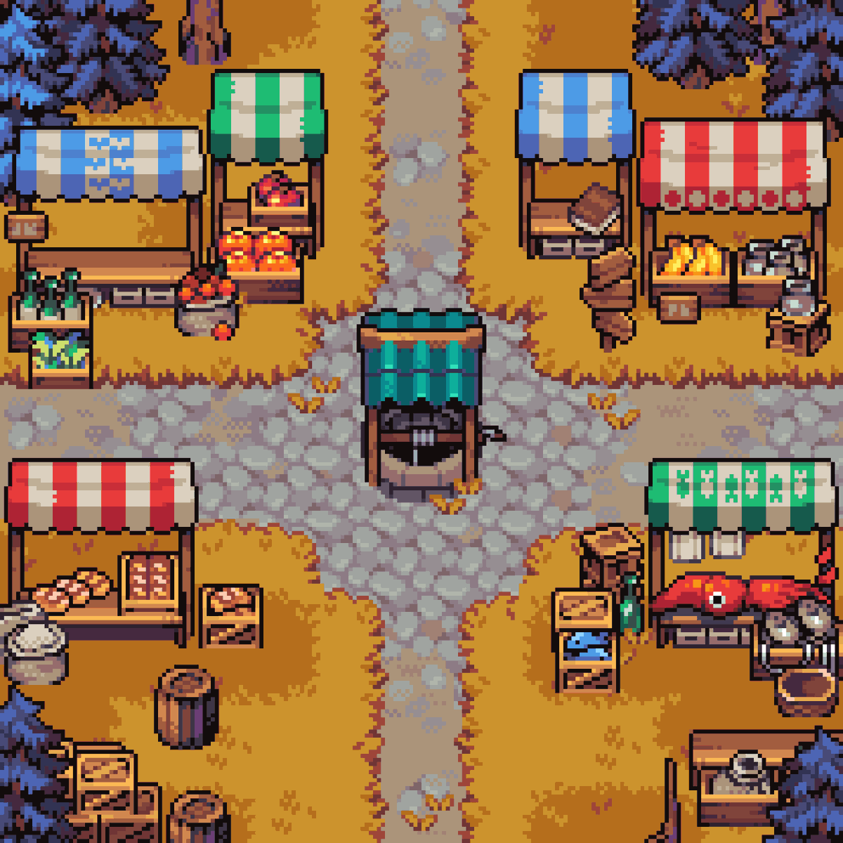 Really enjoyed this set of assets! Market props, crates, bread, fish, etc~

#pixelart #ドット絵