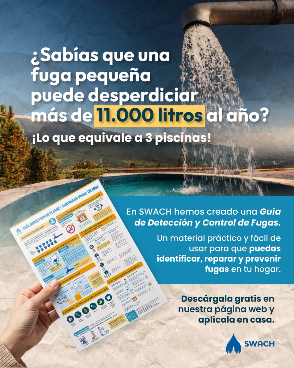 Una gota cada segundo puede parecer nada pero en un año son más de 11.000 litros perdidos.

En SWACH te ayudamos a detectar y controlar fugas en casa con una guía práctica, gratuita y fácil de aplicar.

📥 Descárgala ya en: swach.uazuay.edu.ec/descargas y empieza a cuidar el agua 🔧