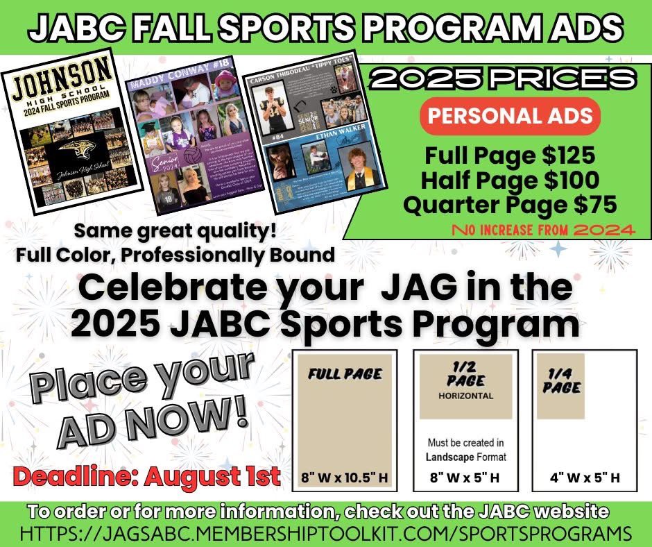 JagsClub's tweet image. Last Week to place a Personal Ad in the 2025 Fall Sports Program. Do not miss out!! Full Color and Professional Bound Program.
jagsabc.membershiptoolkit.com/sportsprograms