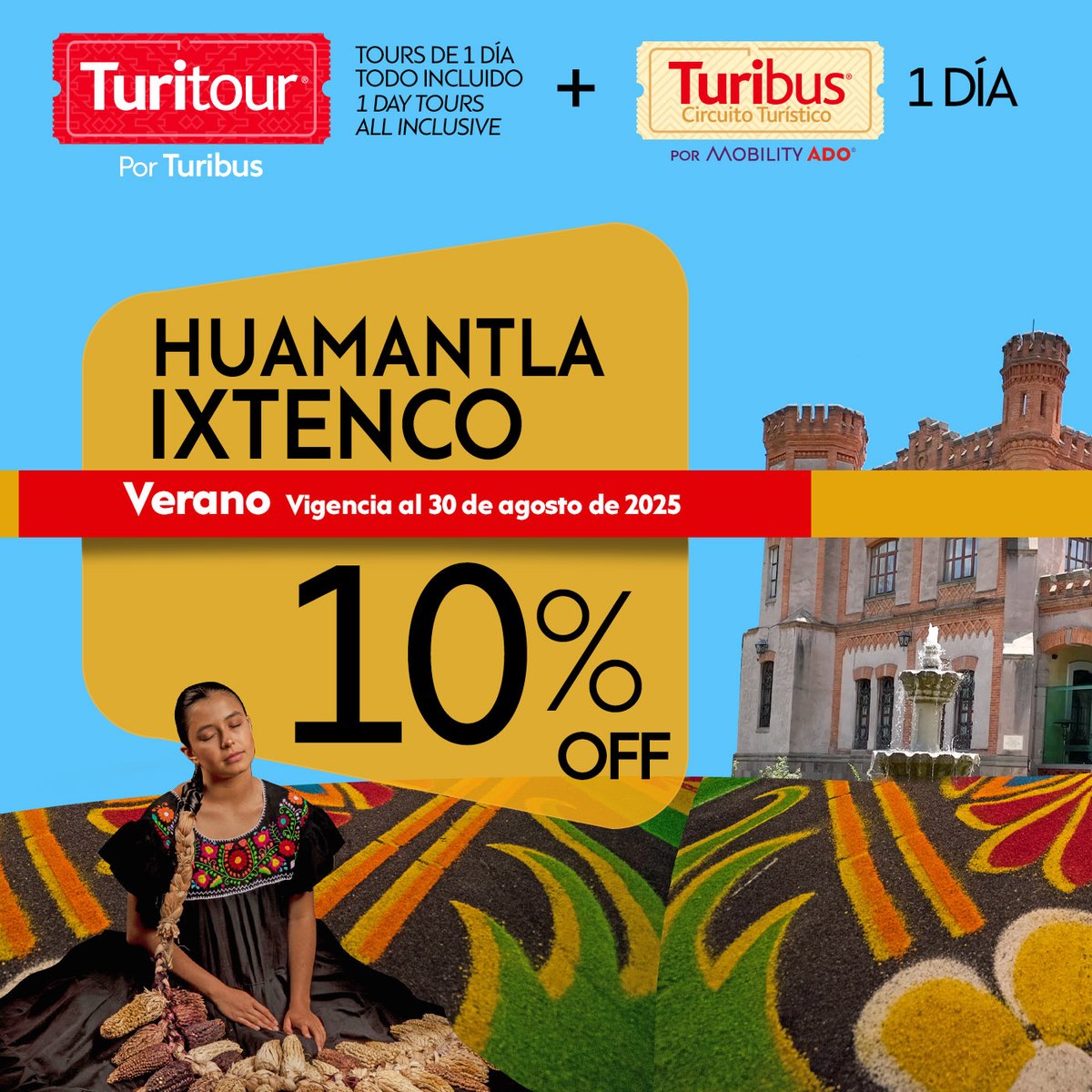 🌼 Huamantla te espera con sus tapetes florales y tradiciones únicas.

Este verano aprovecha 10% OFF en este tour de un día.

🚌 Incluye acceso a Turibus CDMX.

👉 Ve por tus boletos: tinyurl.com/2yx7p6vy

#PromoVerano #ExperienciasTuribus