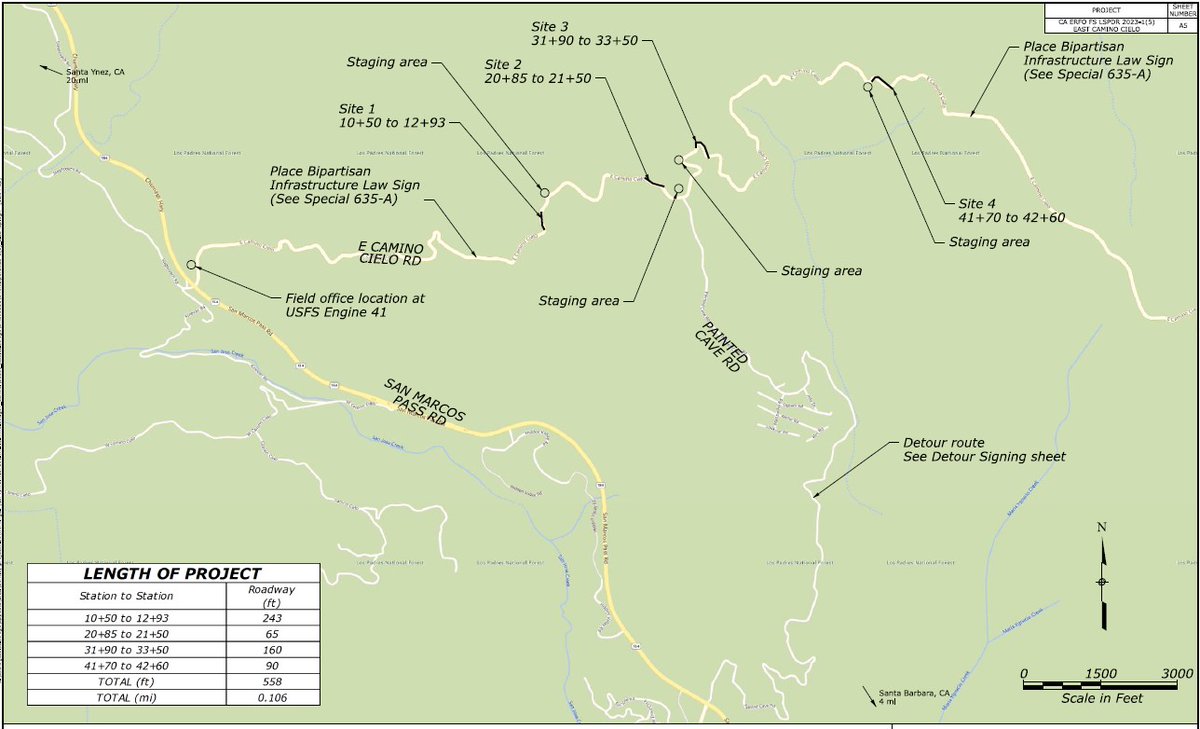 Work along E. Camino Cielo begins today and will run thru early September. The project will focus on stabilizing an earth wall, fixing drainage &amp; reinforcing soil slopes. The project is funded through the Federal Highways Admin to address areas impacted by 2023 storm damage.