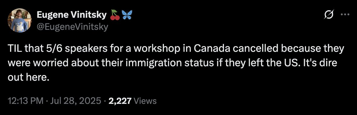 Bad that we even need this, but I always thought it would be interesting for someone to build a building in Detroit that straddled the border with Canada to host cross country meetings/conferences with no immigration needed

Like a big auditorium with a glass divider down middle