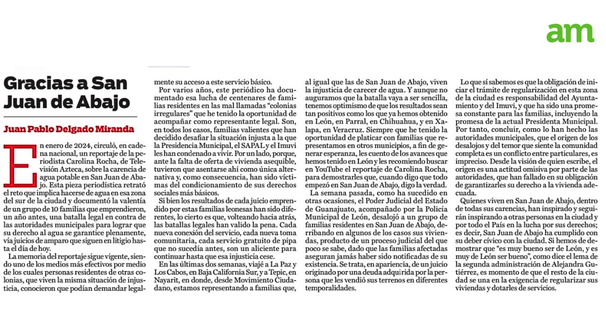 Juan Pablo Delgado (@jpablo_delgado) on Twitter photo Gracias, San Juan de Abajo.
Porque ahí empezó una lucha que hoy se replica en todo el país.
Por el agua, por la vivienda, por la dignidad.
Lo cuento en mi nueva columna en <a href="/periodicoam/">Periódico AM Noticias</a>:
📲 am.com.mx/opinion/2025/7… Gracias, San Juan de Abajo.
Porque ahí empezó una lucha que hoy se replica en todo el país.
Por el agua, por la vivienda, por la dignidad.
Lo cuento en mi nueva columna en <a href="/periodicoam/">Periódico AM Noticias</a>:
📲 am.com.mx/opinion/2025/7…
