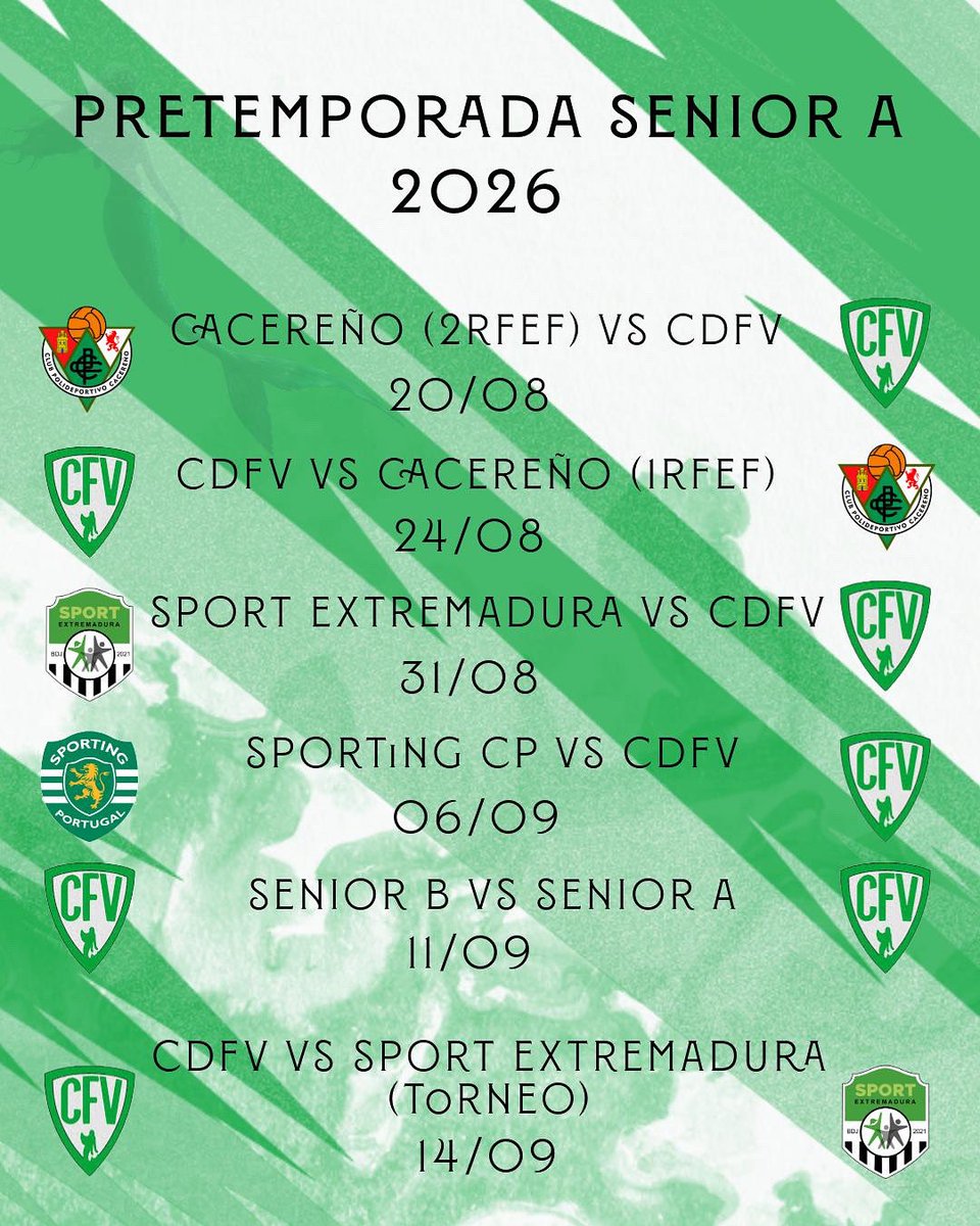 🗓️ Pretemporada del Senior A durante los meses de agosto y septiembre.

Tendremos de rivales al @cacerenofem -de 2RFEF y 1RFEF-, al <a href="/SportExCD/">Waybe - Sport Extremadura CD</a> y al @sportingcpfutebolfem 🇵🇹 , sin olvidarnos del partido que jugaremos contra nuestras jugadoras del Senior B.