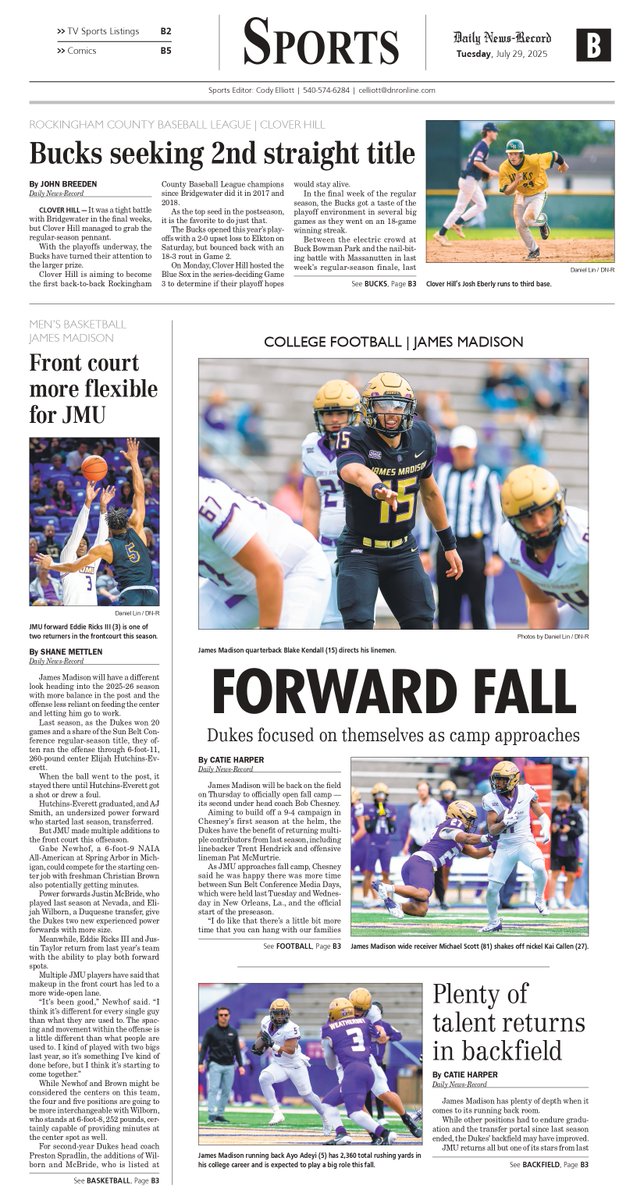 Daily News-Record Sports (7/29/25):
-#JMU football camp outlook
-Bucks aiming for another #RCBL title
-#JMU frontcourt has flexibility
-Clark headlines BC HOF class
-#RCBL playoff roundup
-Barnett named to Maxwell watch list