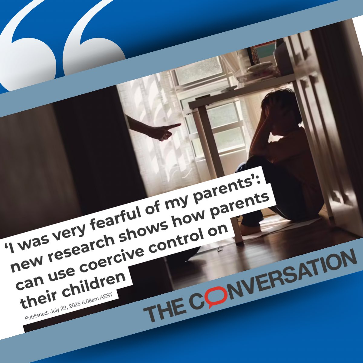 Kate Fitz-Gibbon (@kate_fitzgibbon) on Twitter photo 🚨 New <a href="/ConversationEDU/">The Conversation - Australia + New Zealand</a> article published today.
I explore findings from interviews with young people who described how coercive control by parents shaped their daily lives and long-term wellbeing. Many struggled to name their experiences as abuse — especially when these 🚨 New <a href="/ConversationEDU/">The Conversation - Australia + New Zealand</a> article published today.
I explore findings from interviews with young people who described how coercive control by parents shaped their daily lives and long-term wellbeing. Many struggled to name their experiences as abuse — especially when these