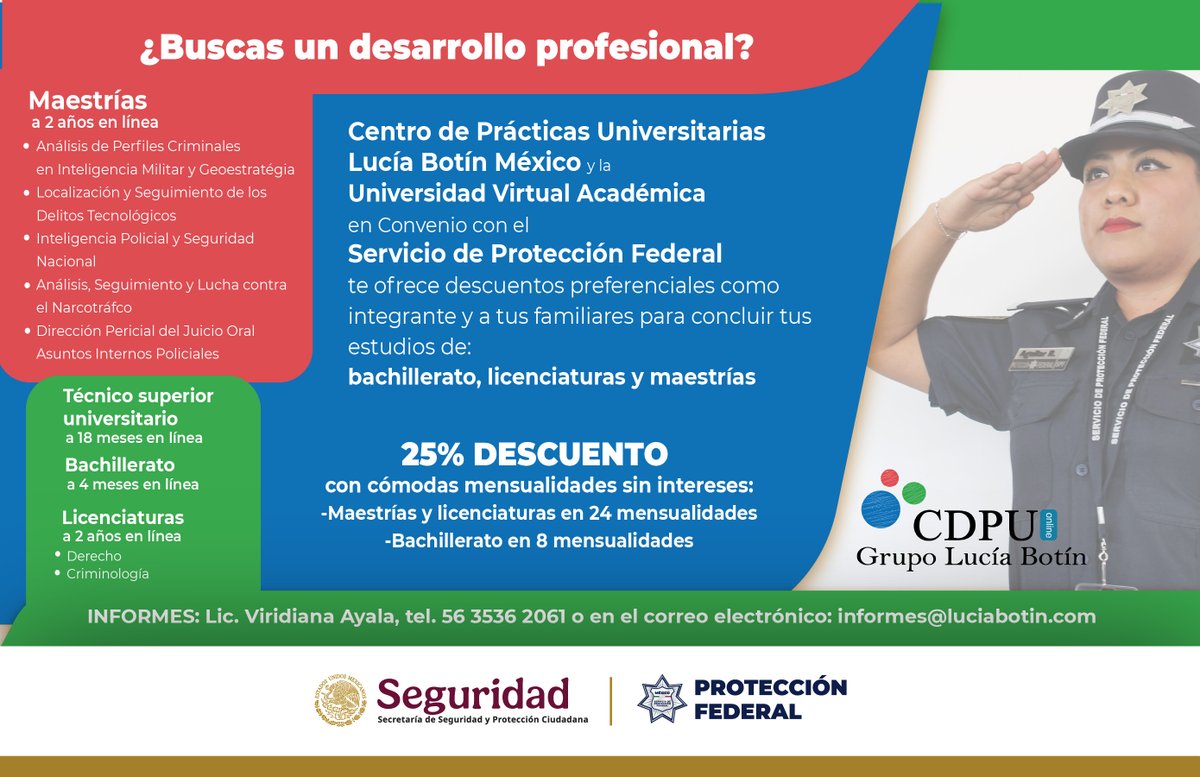 📚💼Impulsamos tu crecimiento académico. 👨‍🎓👩‍🎓
👮🏽‍♂️🎒Aprovecha para ti y tu familia el convenio para estudiar bachillerato, técnico superior, licenciaturas y maestrías en el Grupo Lucía Botín.👮🏽‍♀️👌🏽
#ProtectoresDeLaNación #MásCercaMásSeguros