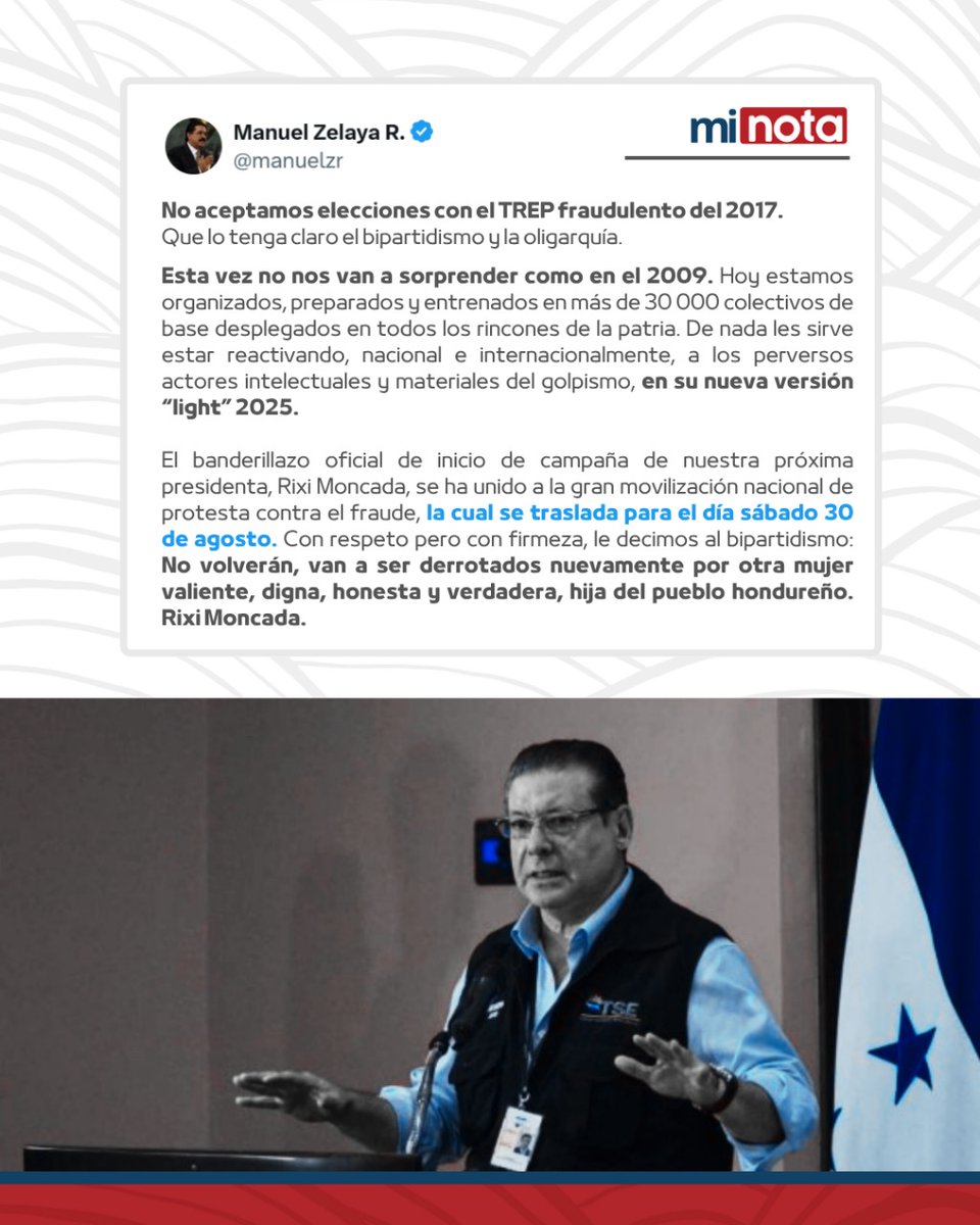 Minotahn's tweet image. ❌ ¡𝗡𝗢 𝗮𝗹 𝗳𝗿𝗮𝘂𝗱𝗲 𝗲𝗹𝗲𝗰𝘁𝗼𝗿𝗮𝗹!
El Coordinador General del Partido LIBRE, @manuelzr, rechaza el sistema fraudulento y convoca movilización nacional el 30 de agosto junto al inicio de campaña de @riximga.
📢 “No aceptamos elecciones manipuladas. ¡Nos vamos a…
