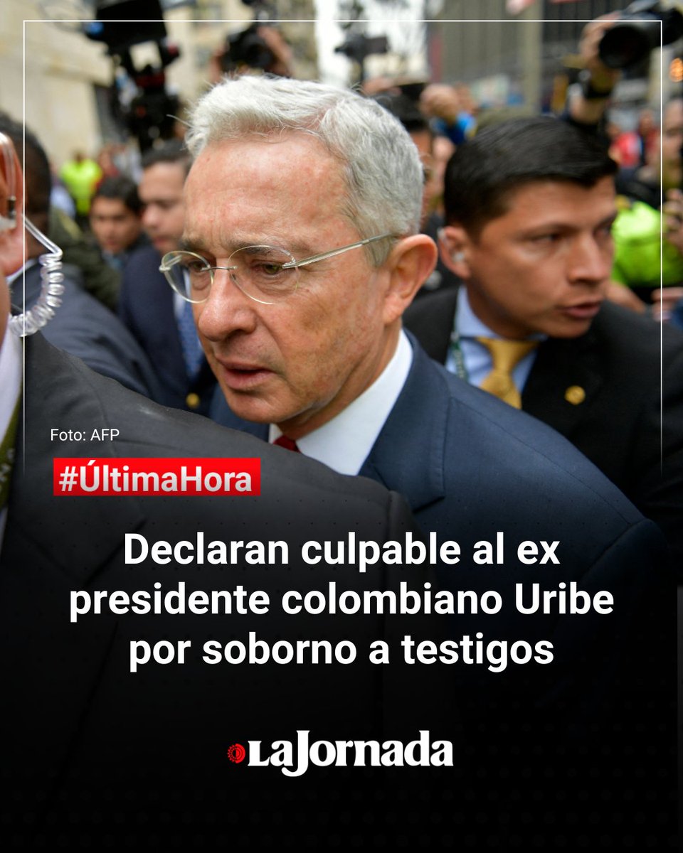 🚨 #UltimaHora | El ex mandatario de Colombia Álvaro Uribe (2002-2010) fue hallado culpable este lunes por soborno, fraude procesal y soborno de testigos, convirtiéndose en el primer presidente en ser condenado en el país.

Más información en: jornada.com.mx/noticia/2025/0…