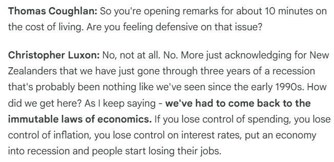 MHReddell's tweet image. Two points about these Luxon claims (h/t Bernard Hickey):
- both budgets so far under this govt have added (a little) to deficits, not shrunk them,
- the comparison with the early 90s recession is pretty absurd (see, eg, the unemployment rate peaks over successive recessions)